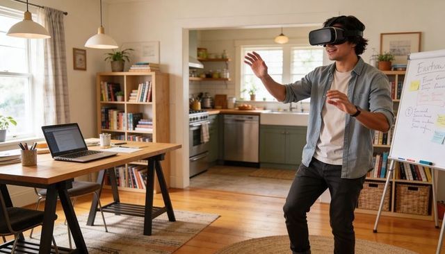 Young man experiencing virtual reality in modern home office with open kitchen and whiteboard