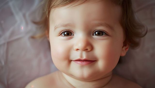 Close-up of smiling infant with chubby cheeks in natural light