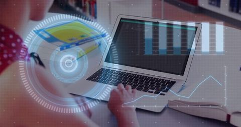 Teenage girl typing on laptop with futuristic hud overlays studying charts, notes on desk
