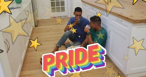 Lgbtq pride celebration with gay couple in casual home environment