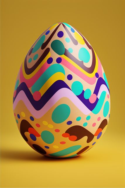 A brightly painted Easter egg with various shapes and vivid colors stands out against a solid yellow background. Perfect for Easter and spring-themed projects, greeting cards, advertisements, and holiday promotions.