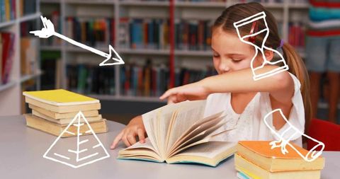 Young girl reading in library with doodble overlays conveying study and focus
