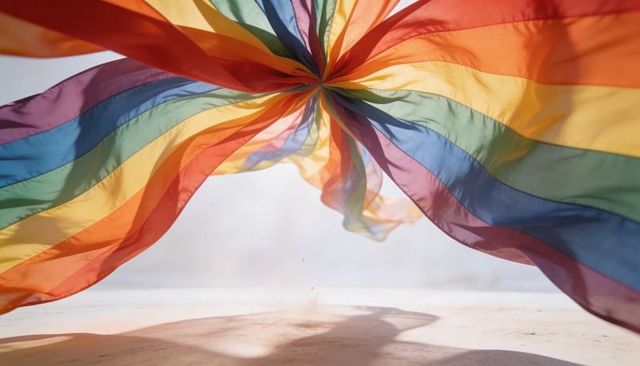Billowing rainbow sheer fabric twisting into center knot backlit colorful abstract motion