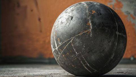 Rustic metallic wrecking ball in industrial workshop setting