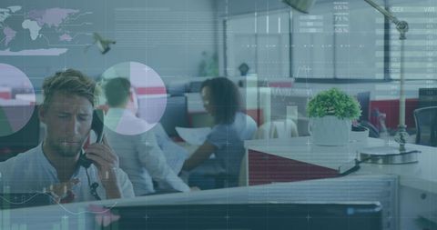 Busy Office with Digital Financial Data Overlay