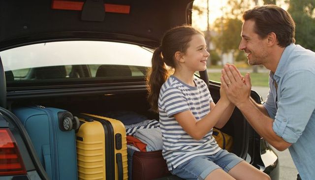 Father and daughter clapping at open car trunk with colorful suitcases for road trip