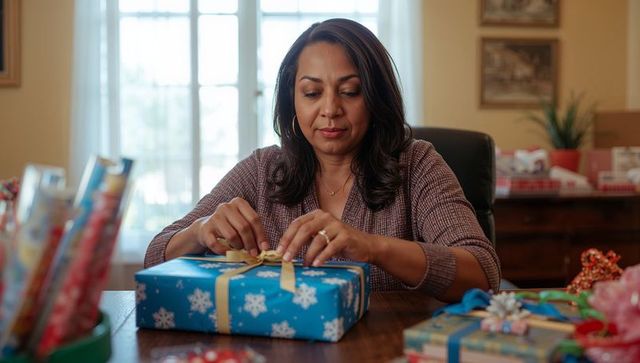Woman wrapping holiday gift tying gold ribbon on blue snowflake paper at wooden table