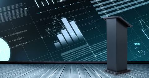 Stage Podium in Front of Digital Data Interface Background