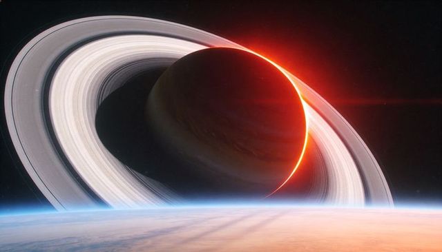 Backlit ringed gas giant looming over planetary horizon with rings casting bold shadows