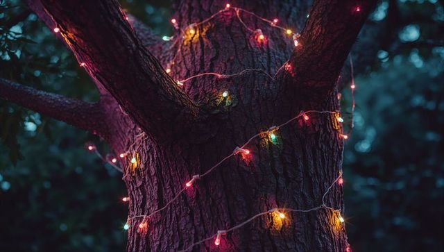 Festive string lights decorating tree trunk in evening forest