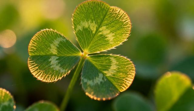 Four-leaf clover glowing in golden backlight with variegated leaflets and delicate bokeh