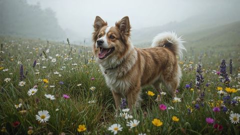 Fluffy brown-and-white barking dog in blooming wildflower meadow