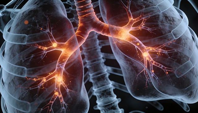 Glowing bronchi within transparent lungs highlighting trachea and ribcage 3d medical render