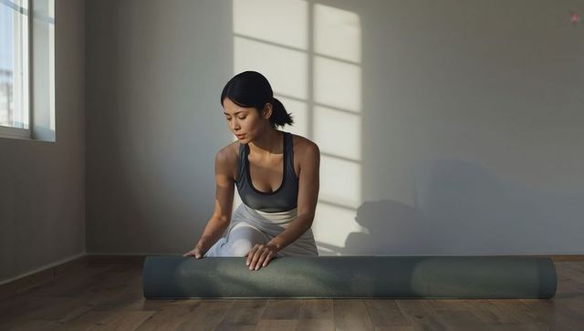 Asian woman preparing yoga mat in sunlit home studio for mindfulness and fitness routine