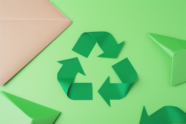 Recycling symbol made from green origami paper with matching paper corners. Ideal for promoting eco-friendly initiatives, environmental campaigns, waste reduction programs, and green energy projects. Perfect for social media posts, educational materials, conservation campaigns, and eco-friendly business advertising.