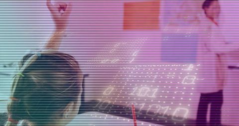 Student raising hand in classroom with teacher pointing and futuristic binary data overlay