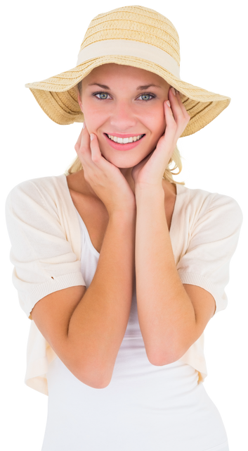 Attractive Young Blonde Smiling Wearing Transparent Sunhat on White Background - Download Free Stock Videos Pikwizard.com