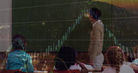 Teacher Explaining Financial Data Graphs to Diverse Classroom