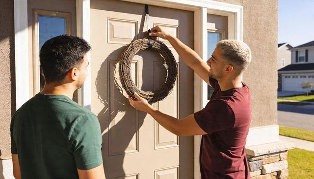 Couple hanging grapevine wreath on front door in sunny suburban morning