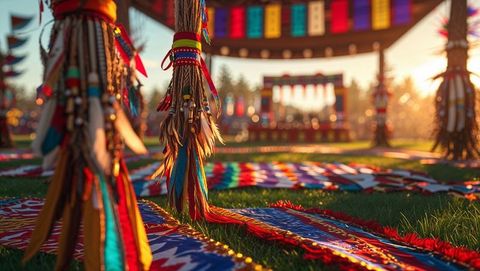Vibrant ethnic festival with colorful tassels and woven rugs