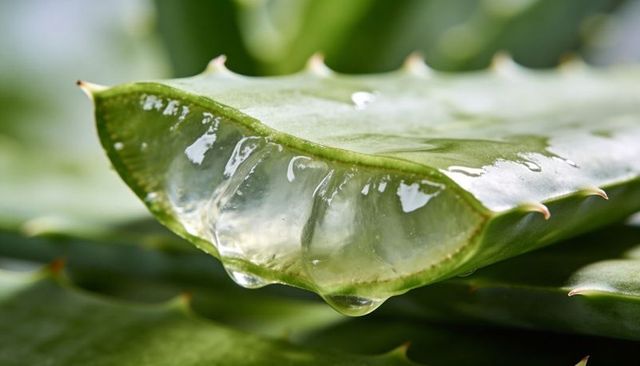 Cutting aloe leaf revealing translucent gel and hanging water droplets