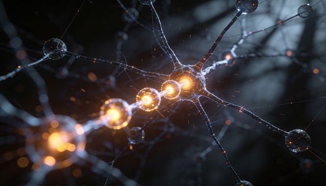 Luminescent neural chain transmitting sparks through microscopic filament network