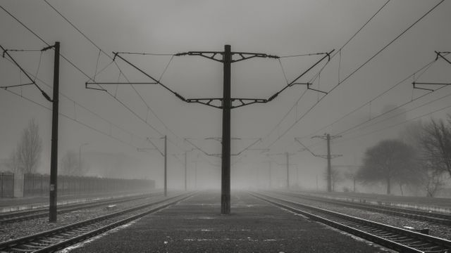 Misty morning scene showing empty railway tracks with evenly spaced electric poles fading into the fog. The background is shrouded in mist, creating an atmospheric and eerie mood. Powerful image for themes like solitude, travel, transportation, and moody ambiance.