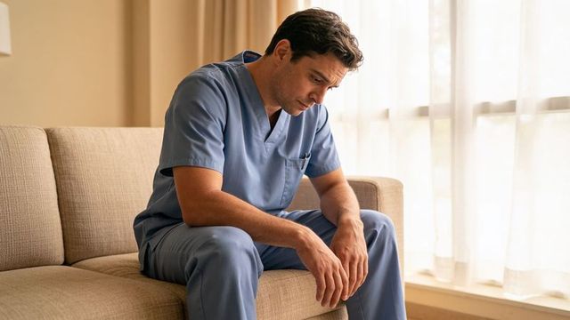 Male nurse taking quiet break on couch in blue scrubs showing fatigue and reflection