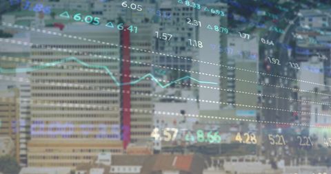 Stock Market Graphs Overlaid on Urban Cityscape Background