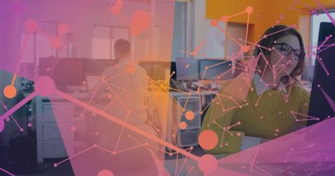 Woman Collaborating in Tech Office with Digital Network Overlay