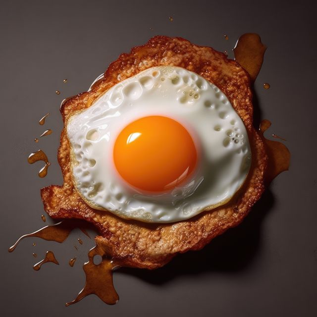 A close-up top view of a perfectly cooked fried egg with a golden yolk and crispy edges on a dark background. This image is ideal for use in food blogs, culinary websites, cooking magazines, and nutrition articles focused on breakfast ideas. It emphasizes the simplicity and appeal of a classic, well-prepared meal.