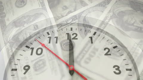 Blurred Clock Overlaying Hundred Dollar Bills Depicting Time and Money Connection