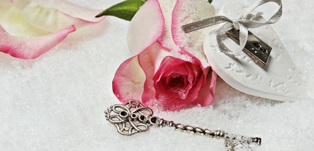 Enchanting depiction showcasing vintage skeleton key, pink rose, and heart-shaped object on snowy white background. Ideal for themes related to winter weddings, romance, love stories, Valentine's Day, and antique decorations. Perfect for creating romantic, nostalgic, or dreamy atmospheres in advertisements, greeting cards, or blogs.