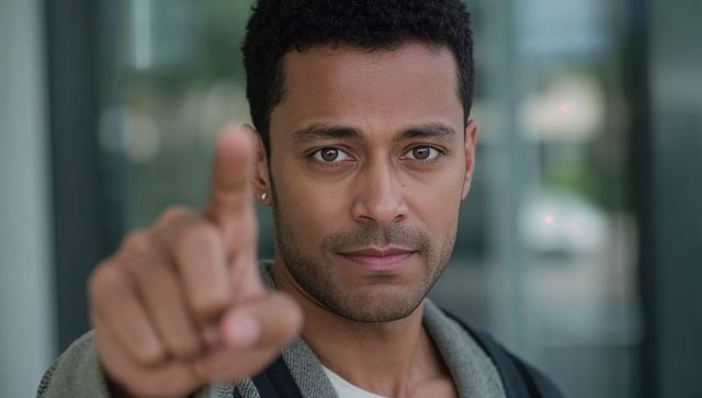 Young man pointing finger to camera with intense direct gaze, urban modern portrait