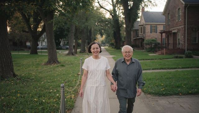 Senior couple walking hand in hand on treelined suburban sidewalk at dusk