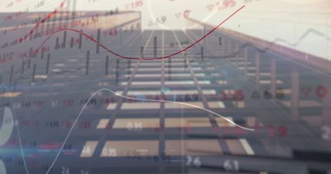 Stock Market Data Overlay on Urban Skyscraper Scene