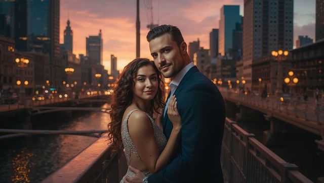 Romantic couple embracing on city bridge at sunset with skyline and river reflections