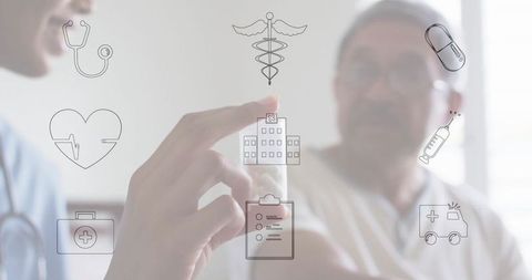 Doctor Presenting Medical Diagram with Healthcare Icons and Patient