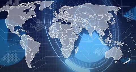 Displaying Stylized World Map with HUD Rings, Hexagon Grid and Digital Data Lines