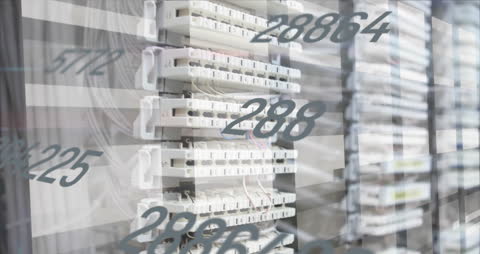 Digital Data Flow on Server Racks with Animated Numbers