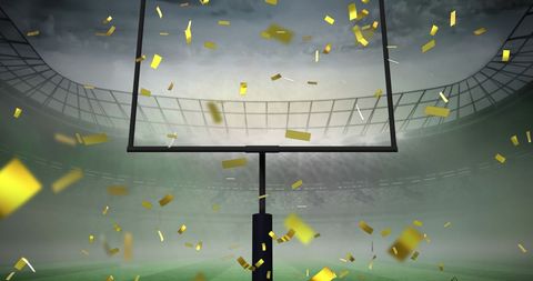 Gold Confetti Vortex Over Empty Sports Stadium Signifies Victory