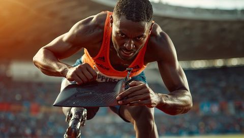 Determined black paralympic sprinter charging with carbon-fiber race blade at golden hour