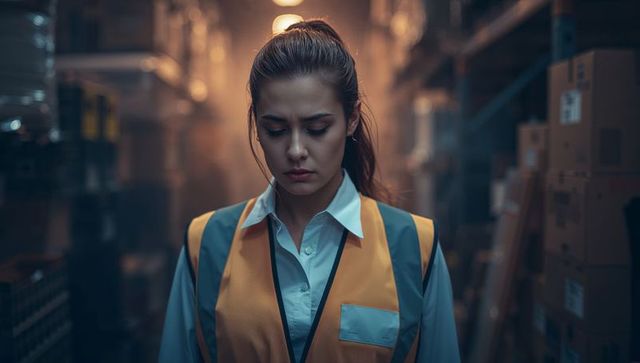 Thoughtful warehouse worker inspecting inventory shelves