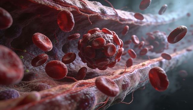 Platelet-fibrin thrombus forming in microvessel with adherent red blood cells