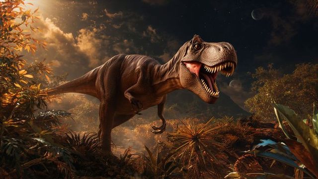 Roaring t-rex in lush jungle at sunset with volcanic backdrop