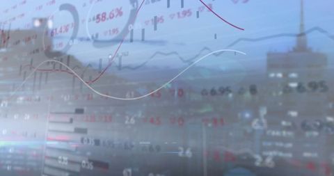 Financial Data Overlay on City Skyline with Candlestick Patterns