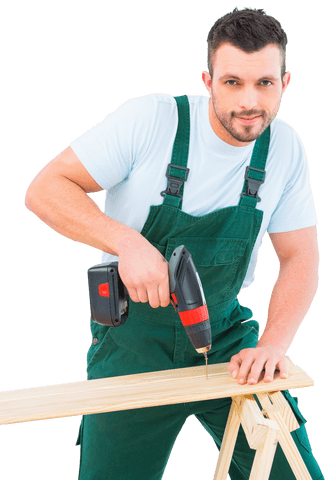 Carpenter Drilling Hole in Plank Wearing Overalls Transparent Background - Download Free Stock Videos Pikwizard.com