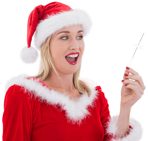 Happy Woman in Santa Costume Holding Christmas Ornament on Transparent Background