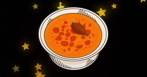 Celestial Tomato Soup in White Bowl with Bay Leaf on Starry Black Backdrop