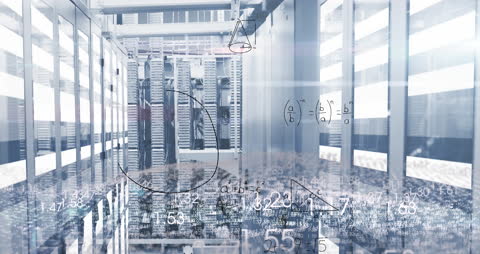 Mathematical Equations Overlay on Futuristic Server Room